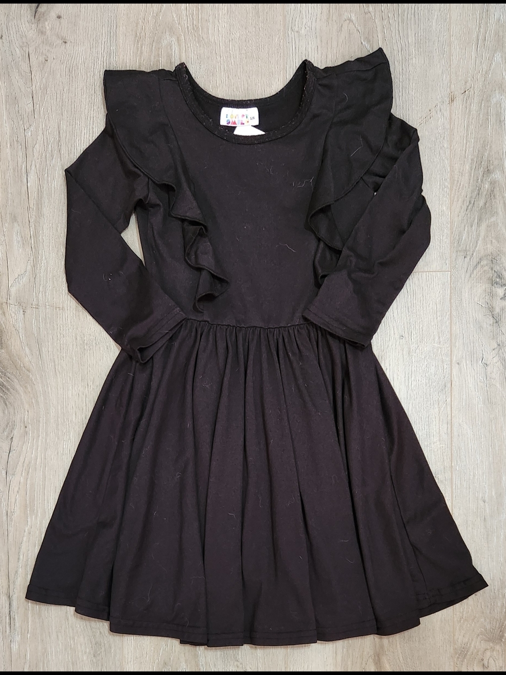 Kids Dot Dot Smile Black Ruffle Long-Sleeve Dress